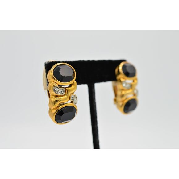 Les Bernard Vintage Clip On Earrings Black Crystal Gold Signed NOS 1980s 9L - Picture 4 of 8